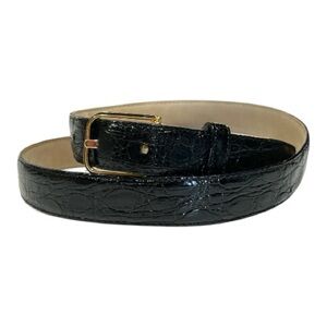 Saks Fifth Avenue Genuine Caiman Crocodile Belt Black Vintage Italy Gold Buckle